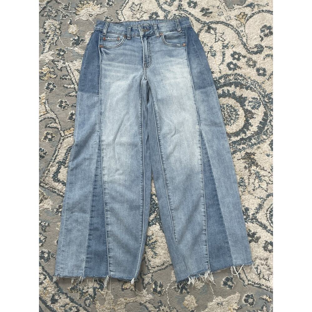 American Eagle Low Rise Baggy Wide Leg Jeans Raw Hem Panel Blue Denim 00 Short